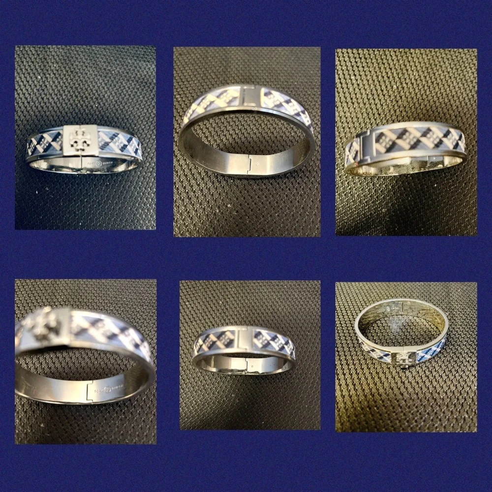 Tory Burch-1” Leather Inlay Hinge Bracelets in Blue/Green Tartan/ or Blue Tartan